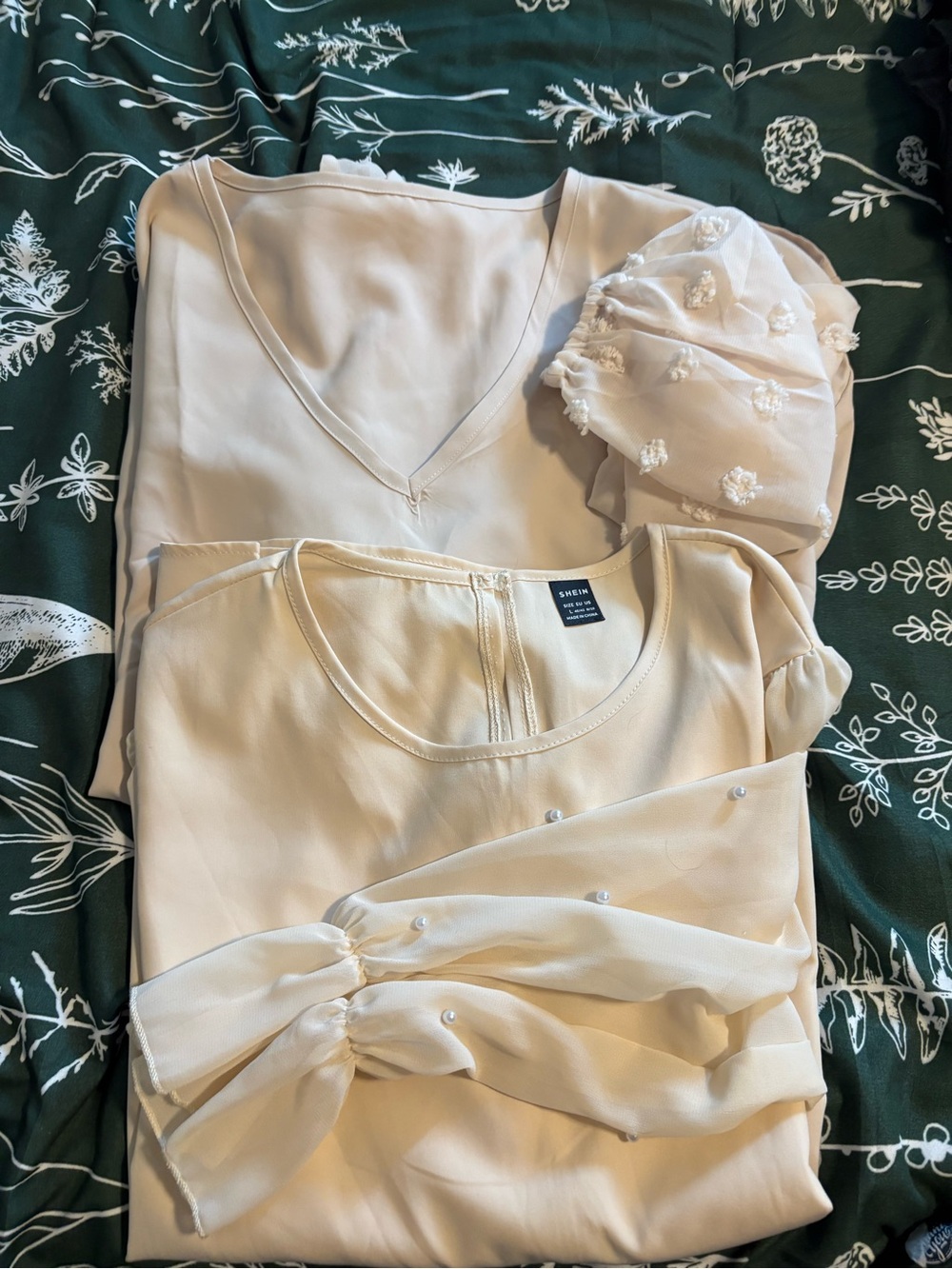 Set of two Cream Blouses, one polka dot stitch sleeve and one Pearl-Embellished
